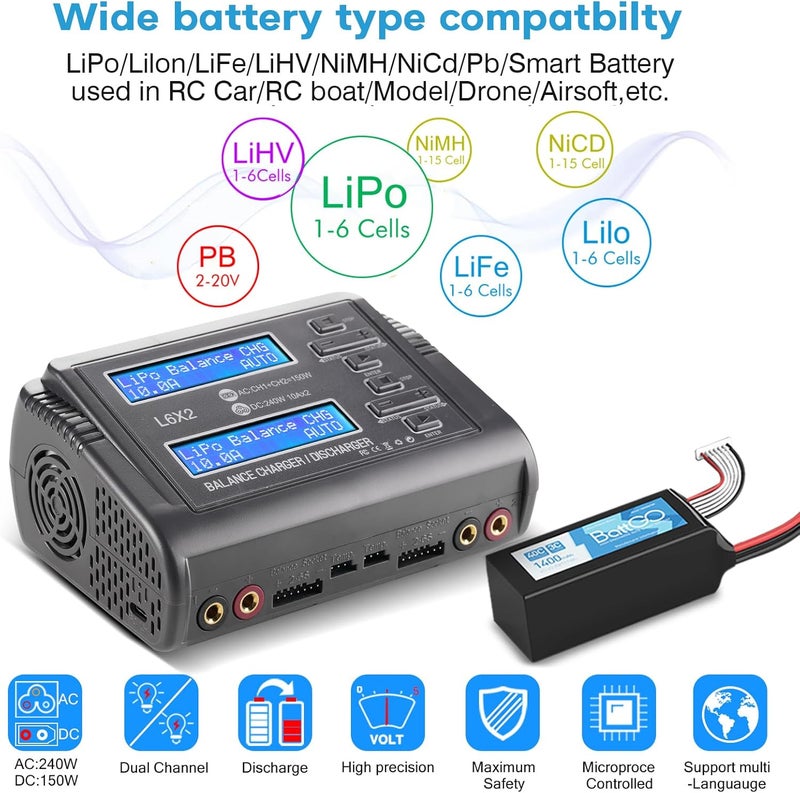 AORIKA LiPo Battery Charger Fast Balance Battery Chargers Discharger for 1S-6S LiPo Li-ion Life LiHV 1S-15S NiCd NiMH PB Smart Batteries RC Car RC Drone (Blue) - Image 2